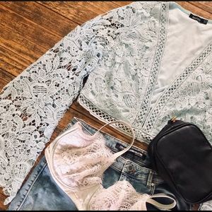 Flare Sleeve Lace Crochet Crop Top